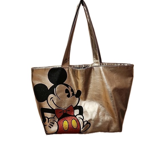 Disney Mickey Mouse Tote Bag Metallic Gold Sparkle Purse Shopper Travel - Picture 1 of 5